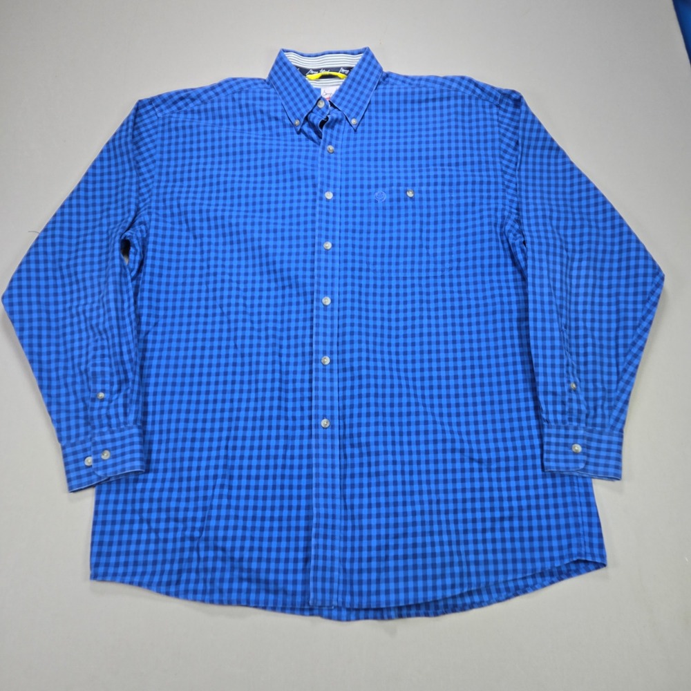 Wrangler‎ George Strait Cowboy Cut Blue Gingham Long Sleeve Button Down Shirt XL